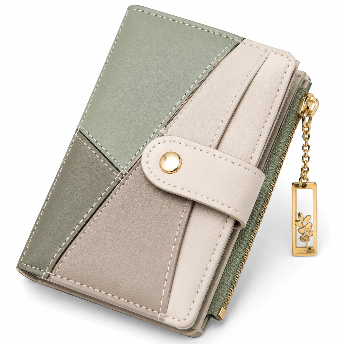 Portefeuille femme 19 x 10 x 3 cm en similicuir vert sauge beige avec fermeture zippée