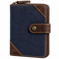 Portefeuille compact 12 x 10 x 3 cm en textile bleu et similicuir marron zippé style vintage