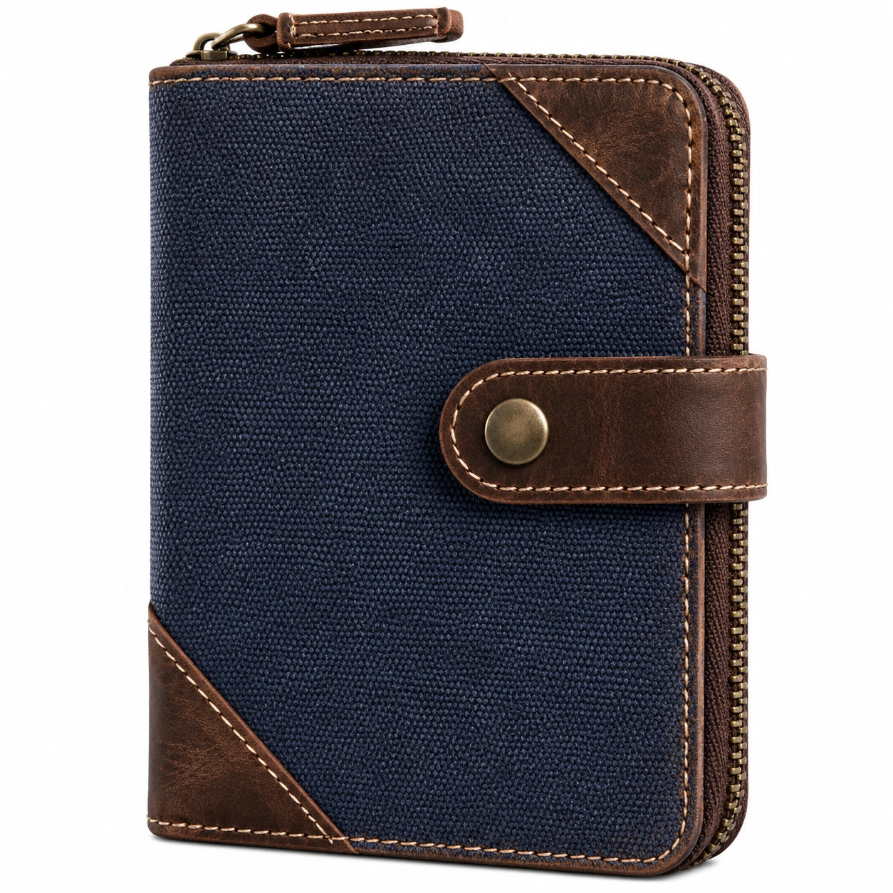 Portefeuille compact 12 x 10 x 3 cm en textile bleu et similicuir marron zippé style vintage