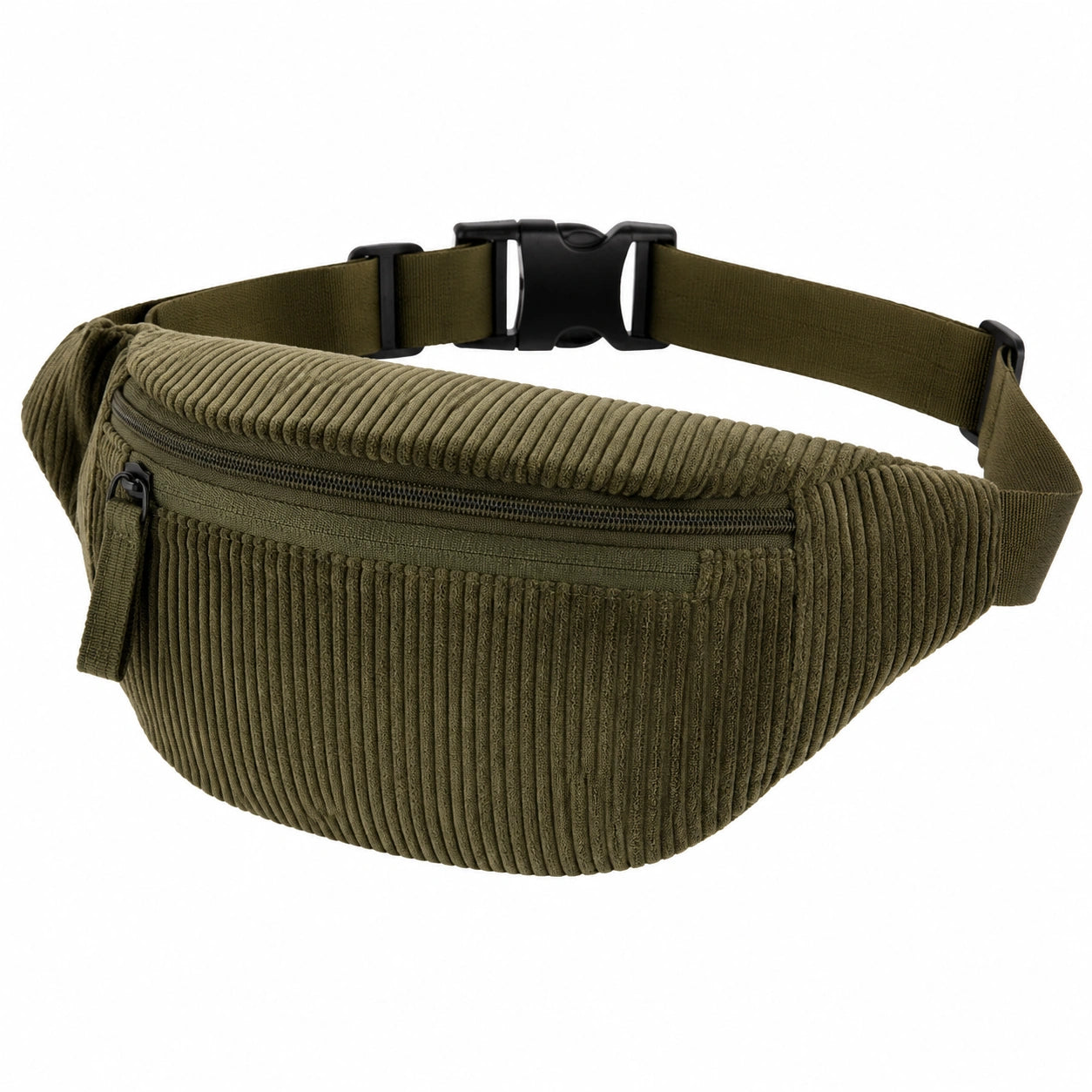 Sac banane taille réglable en tissu côtelé vert kaki avec fermeture zippée