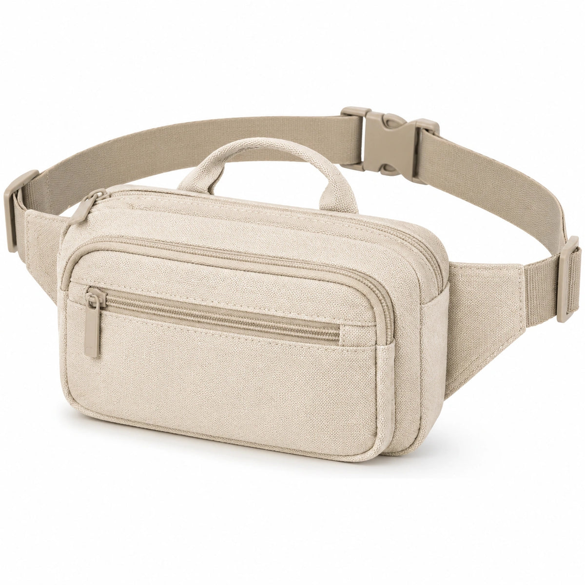Sac banane 23 x 7 x 15 cm en tissu beige à compartiments zippés