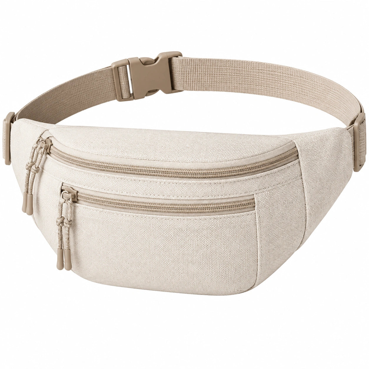Sac banane taille réglable en tissu beige avec poches zippées