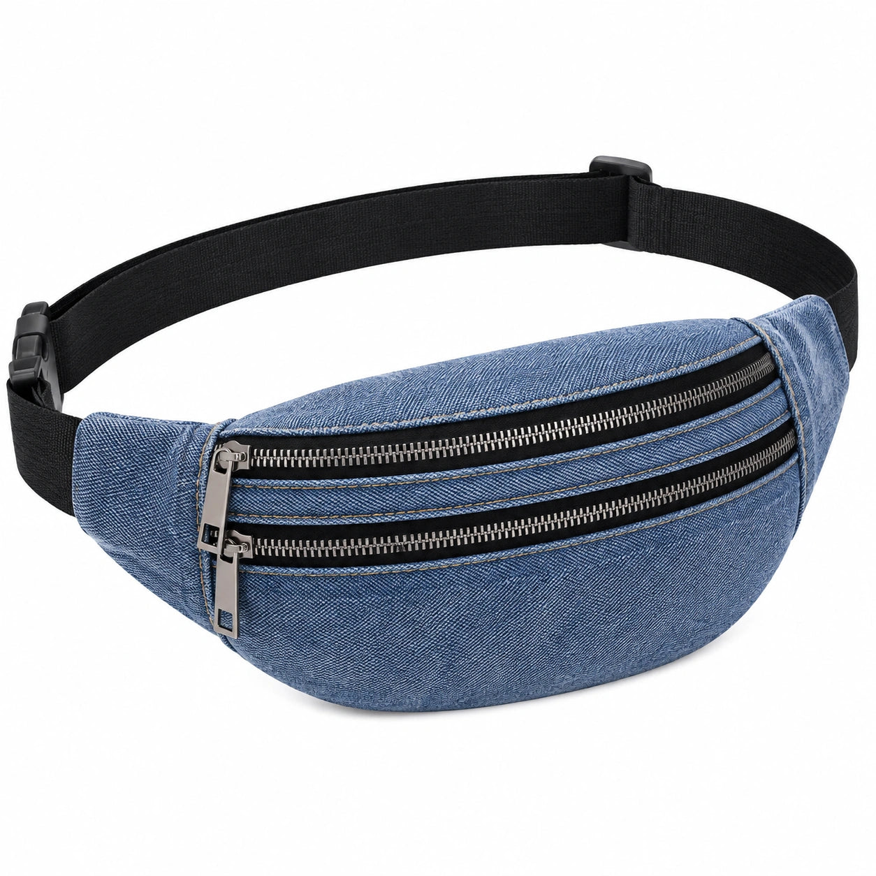 Sac banane 32 x 7 x 15 cm en denim bleu à trois compartiments zippés
