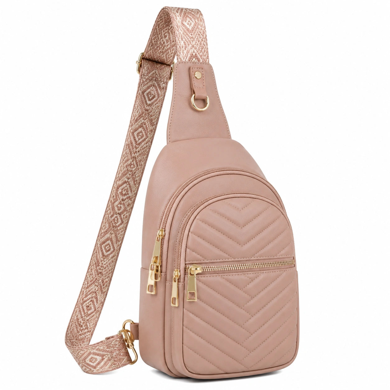Sac à dos bandoulière 18 x 8 x 30 cm en matière synthétique rose matelassé pour usage quotidien