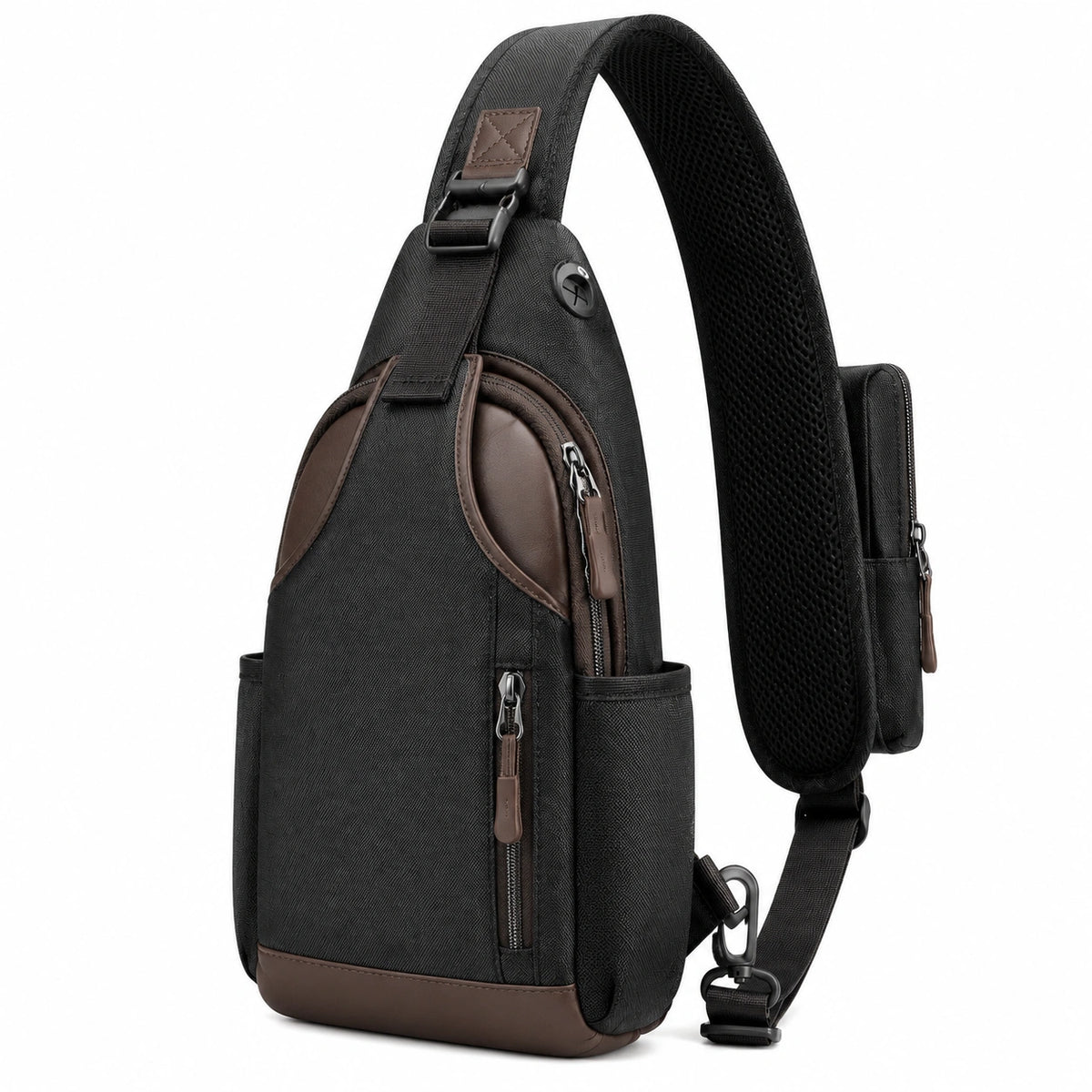 Sac bandoulière 32 x 10 x 20 cm en textile noir et marron à compartiments zippés pour usage quotidien