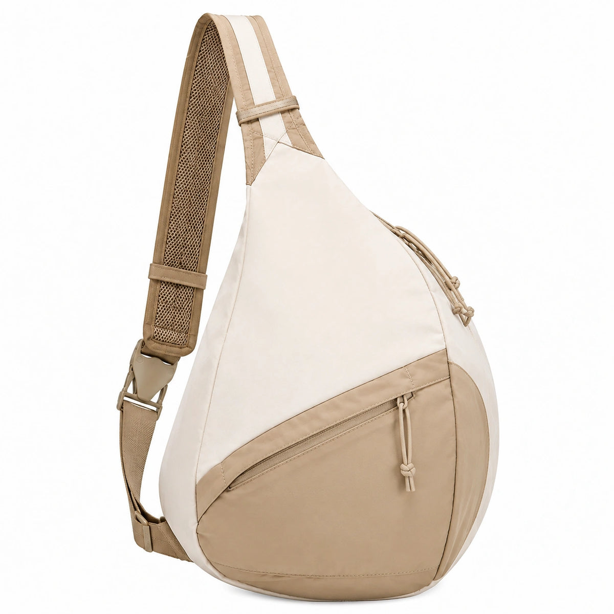 Sac bandoulière format moyen en polyester beige et écru avec poches zippées