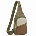 Sac bandoulière compact en similicuir kaki beige marron à compartiments zippés