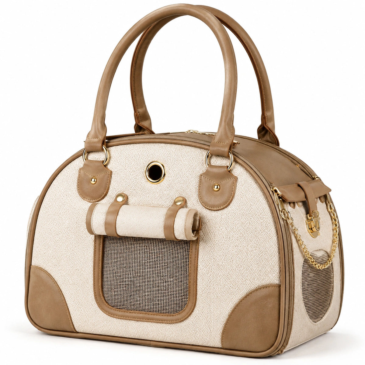 Sac de transport pour animal 45 x 28 x 32 cm textile beige et camel avec panneaux en maille