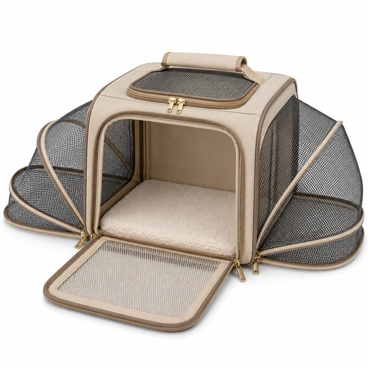 Sac de transport extensible pour animaux 45 x 30 x 30 cm en polyester beige et noir avec maille respirante