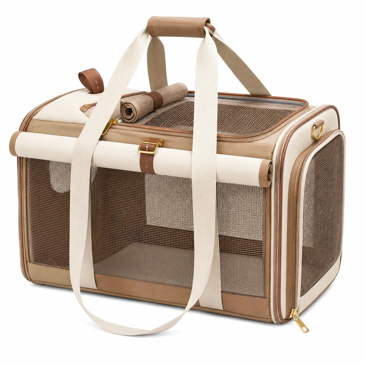 Sac de transport pour animaux 50 x 30 x 32 cm en textile beige avec panneaux en maille pliable