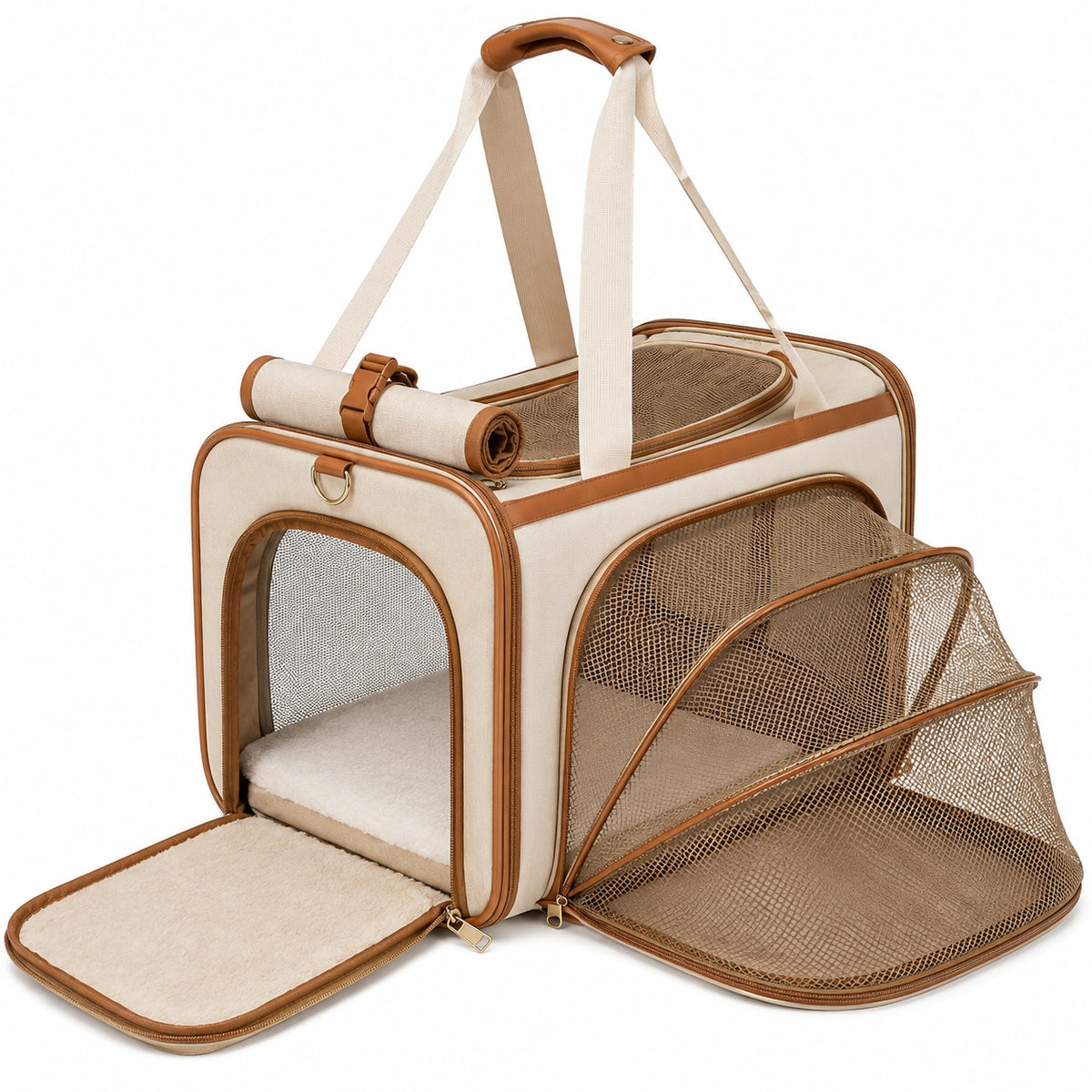 Sac de transport pour chat 45 x 30 x 30 cm en textile beige et marron extensible