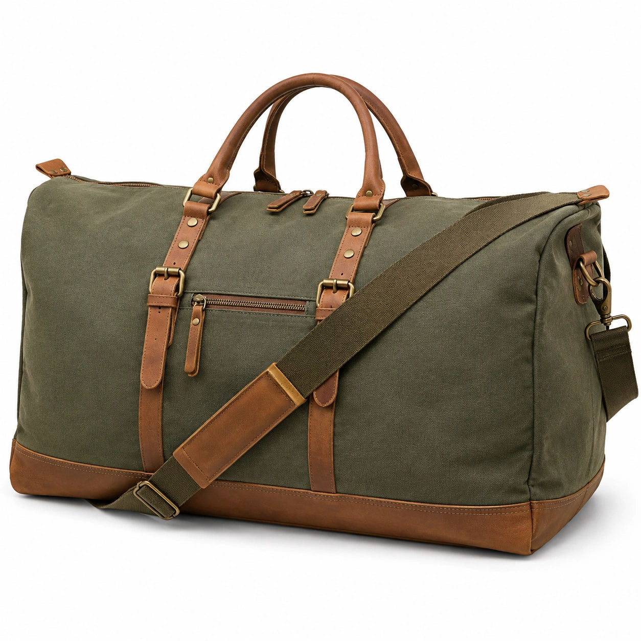 Sac de voyage 55 cm en toile vert kaki et cuir marron avec bandoulière réglable