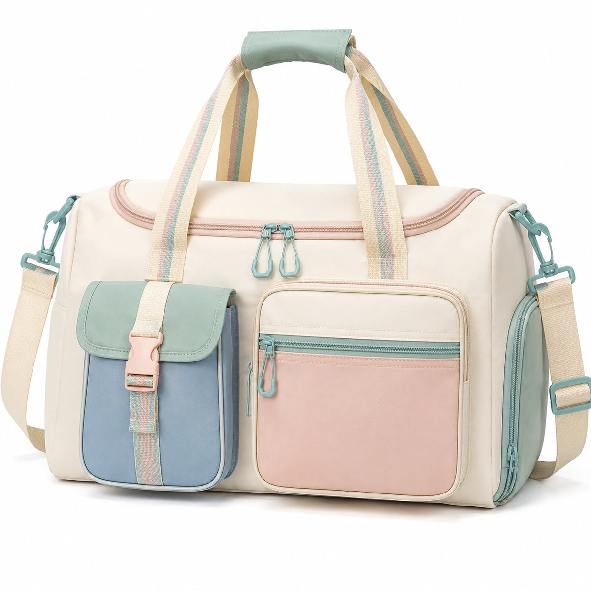 Sac de voyage 45 x 22 x 28 cm en textile beige rose bleu avec bandoulière réglable et poches zippées