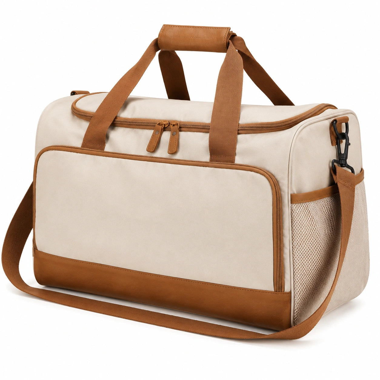 Sac de voyage 45 x 25 x 28 cm en textile beige et marron avec bandoulière style week-end