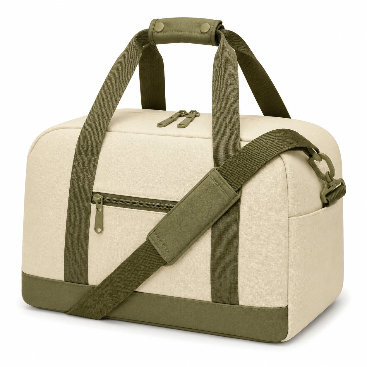 Sac de voyage 45 cm en tissu beige et vert kaki avec bandoulière amovible