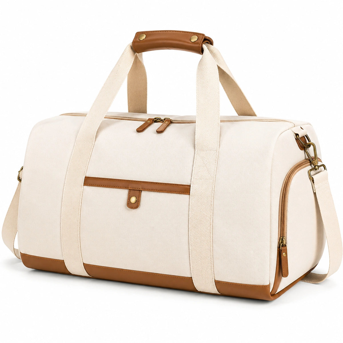 Sac de voyage 50 cm en toile écrue et similicuir marron avec bandoulière
