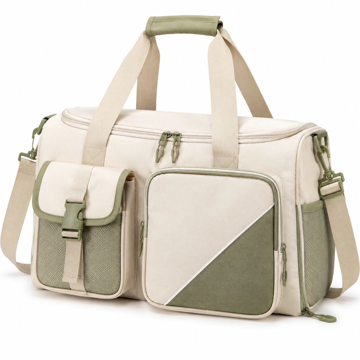 Sac de voyage 45 x 23 x 30 cm en textile beige et vert avec bandoulière et poches